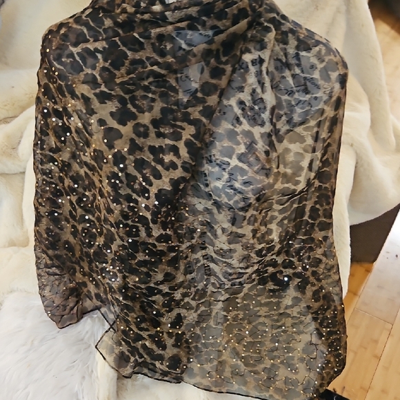 Accessories - Leopard Print Sheer Scarf with Sequins Large
